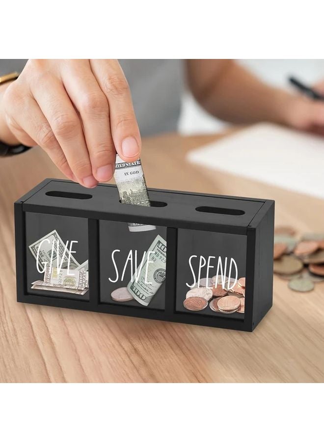 Black Wooden Money Saving Box With Magnetic Lid 3 Compartments For Give Save Spend Office Decor - Image 5